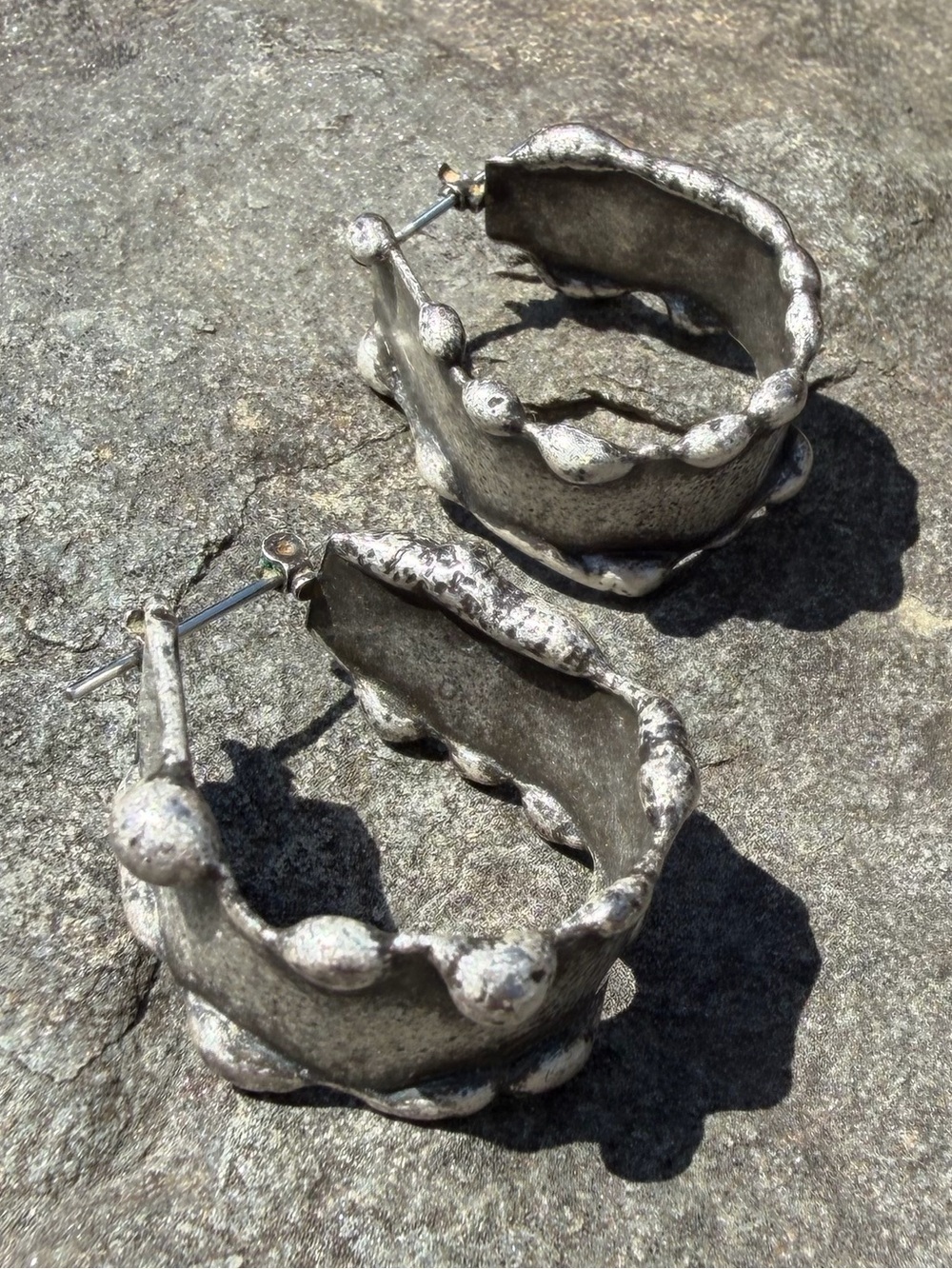 Vintage Brutalist Textured Silver Hoop Earrings